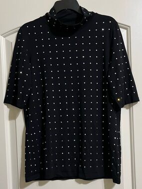 Chico’s Women’s Black Rhinestone Embellished Knit Stretch Top Blouse Small